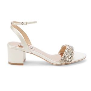 BADGLEY MISCHKA Jada Embellished Ankle-Wrap Ivory Satin Sandals Size 5.5